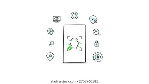 Reconocimiento facial e iconos de seguridad – verificación de identidad biométrica ilustración dibujada a mano