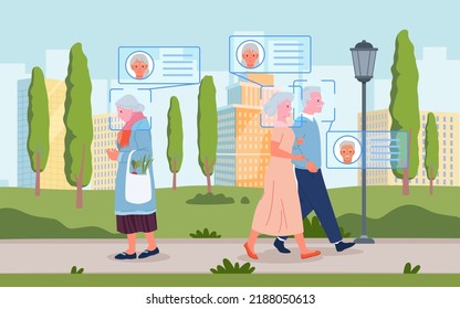 Face recognition for senior citizens vector illustration. Cartoon old people walking in summer city park with surveillance, biometric identification over head of elderly grandma and grandpa background