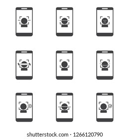 Face recognition set. Face, facial recognition system icon set. Biometric identification. Smartphone scans a person face symbol.