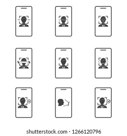 Face recognition set. Face, facial recognition system icon set. Biometric identification. Smartphone scans a person face symbol.