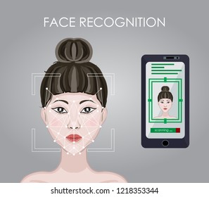 Face recognition. Smart Phone Security System scanning woman face user. Facial scan to protect data from hackers.  Biometric Identification Concept. Technology Vector Illustration