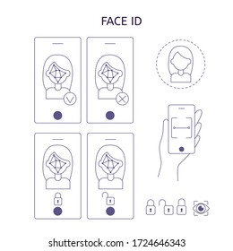 Reconocimiento facial. Smartphone con tecnología de escaneo. Mano con un teléfono móvil. Aprobación y rechazo del desbloqueo. Iconos con candado. Conjunto de iconos lineales con la identificación de la niña y la cara.
