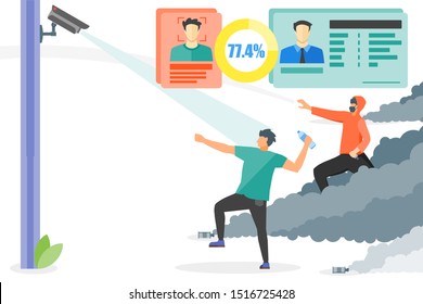 Face recognition surveillance camera detecting protester and match the data with national database illustration vector and design. Riot and demonstration concept element.  Suitable for infographic