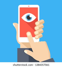 Face recognition, surveillance concepts. Hand holding smartphone, finger touching screen. Mobile phone with eye icon on screen. Modern flat design. Vector illustration