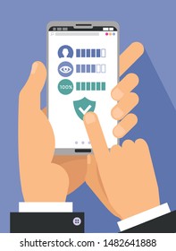 Face recognition, surveillance concepts. Hand holding smartphone, finger touching screen. Mobile phone with eye icon on screen. Modern flat design. Vector illustration