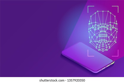 face recognition system concept. Polygonal facial identification on smartphone in isometric style