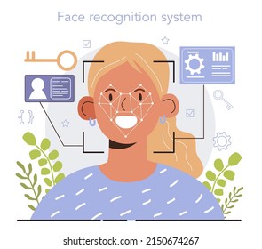 Desarrollo del sistema de reconocimiento facial. Autenticación biométrica facial, identificación de video. Idea de protección de datos digitales. Escáner facial. Ilustración vectorial en estilo de caricatura