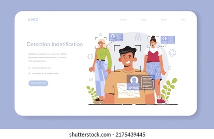 Face recognition system development web banner or landing page. Facial biometric authentication, video identification. Idea of digital data protection. Face scanner. Flat vector illustration