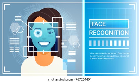 Face Recognition System Eye Retina Scanning Of Woman, Biometric Identification Technology Access Control Concept Vector Illustration