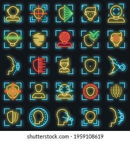 Face recognition system icons set. Outline set of face recognition system vector icons neon color on black