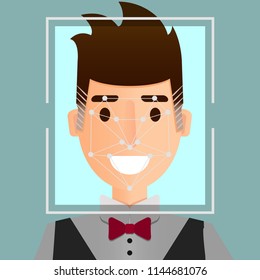 Face recognition system illustration. Biometric security identification concept. Young man portrat flat design