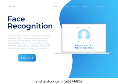 face recognition system illustration concept. white laptop with start lock screen with face identification icon. website landing page template. secure access to data