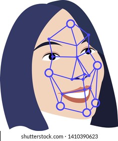 Face recognition system markings on asian woman's face, isolated on white background