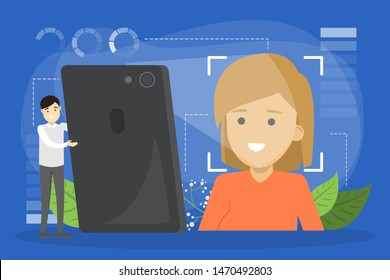 Face recognition system in mobile phone concept. Facial biometric authentication. Idea of digital data protection. Face scanner. Vector illustration in cartoon style