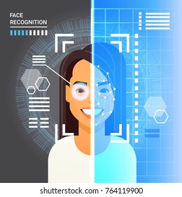 Face Recognition System Scanning Eye Retina Of Business Woman Modern Identification Technology Access Control Concept Vector Illustration