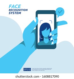 Face recognition system scanning on smartphone. facial biometric data identification security. web landing page template, banner, presentation, social, poster, ad, promotion or print media.