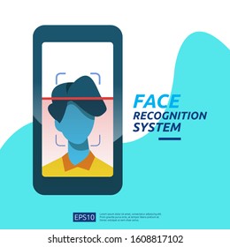 Face recognition system scanning on smartphone. facial biometric data identification security. web landing page template, banner, presentation, social, poster, ad, promotion or print media.