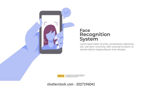 Face recognition system scanning on smartphone. facial biometric data identification security. web landing page template, banner, presentation, social, poster, ad, promotion or print media.