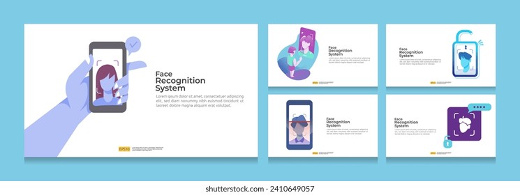 Face recognition system scanning on smartphone bundle set. facial biometric data identification security. web landing page template, banner, presentation, social, poster, ad, promotion or print media.
