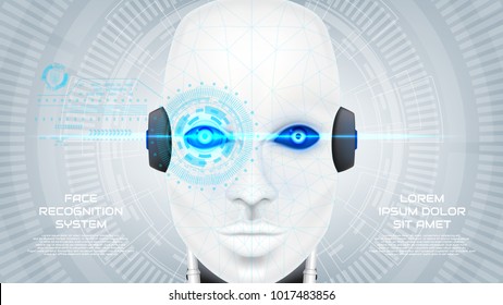 Face recognition system web banner. Concept of robot cybernetic organism with virtual HUD interface with augmented reality. Vector illustration. Techno background with cyborg head.