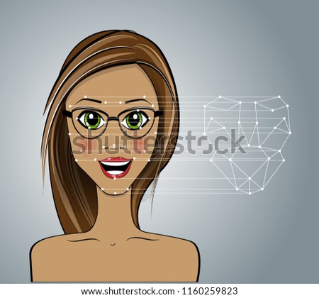 Face recognition. Technological scanning of the face of a beautiful woman to recognize the face and the scanned person. Concept future, security, scanning