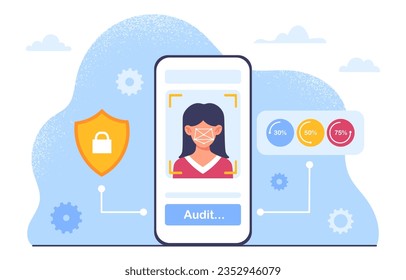 Concepto de tecnología de reconocimiento facial. Sistema de seguridad de cuentas y perfiles en sitios web y redes sociales. Tecnologías e innovaciones modernas. Seguridad en internet. Dibujo vectorial plano de dibujos animados