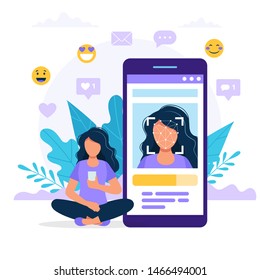 Ilustración de concepto de tecnología de reconocimiento facial. Mujer sentada al lado del smartphone grande con la foto en él. Ilustración vectorial en estilo plano