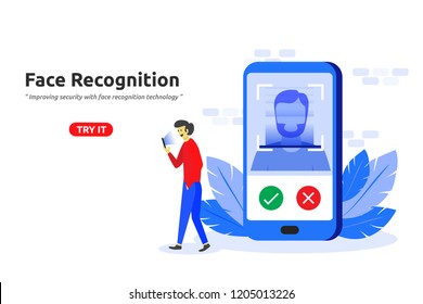 Face recognition technology concept modern flat design. face detection screen lock mobile app. Vector illustration