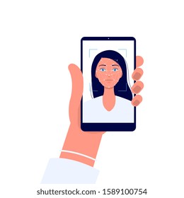 Face recognition technology - hand holding a phone with cartoon woman on screen. Facial identification scanner app - flat cartoon vector illustration isolated on white background.