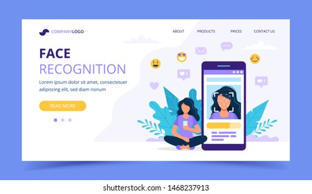 Face recognition technology landing page. Woman sitting next to big smartphone with photo on it. Vector illustration in flat style