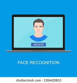 Face recognition technology. Laptop with Facial Biometric Identification system for access to a computer. Male user avatar. Vector illustration.