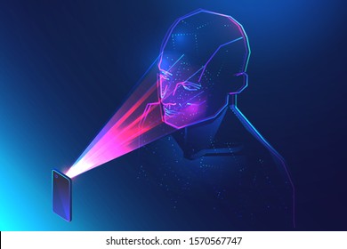 Face recognition technology. Man using smartphone for biometric facial identification. Abstract digital world with neon lines. Vector illustration