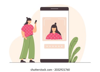 Face recognition technology or personal verification. Flat woman character with phone. Facial biometric identification scanning system on smartphone. Mobile data protection and security concept.