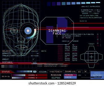 Face recognition technology. Sci-fi App HUD screen, concept illustration. Retrofuturistic interface design. Vector