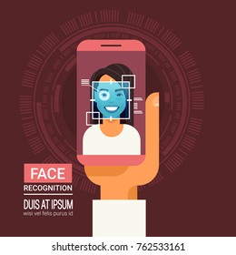 Gesichtserkennungs-Technologie Smartphone-Scanning Augen Retina von weiblichen biometrischen Identifikationssystem Vektorgrafik