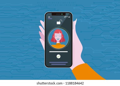 Face Recognition Technology used in a Smart Phone. Scanning og the face of a young woman for facial recognition.