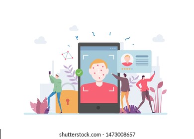 Face Recognition Technology Vector Illustration Concept Showinga mobile apps with biometric face detection technology features, Suitable for landing page, ui, web, App intro card, editorial, banner