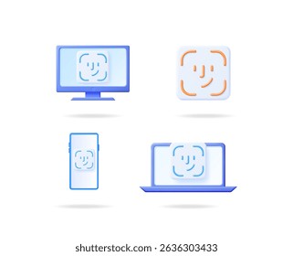Face recognition user interface icon for smartphone, computer monitor, and laptop. Biometric authentication for digital security.