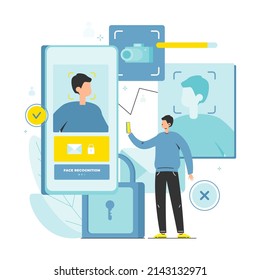 Face recognition vector. Facial scanner illustration. Biometric identification system for data security access. Man using mobile app authentication technology illustration