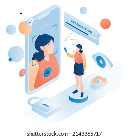 Face recognition vector illustration. Mobile phone app for facial human identification. Smartphone scan woman head. Authentication UI for smartphone