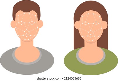 Face recognition. Vector illustration people front view man woman. Access security verification modern technology ai system recognition. 