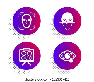 Face recognition, Vision board and Face detection icons simple set. Halftone dots button. Ð¡onjunctivitis eye sign. Faces biometrics, Eye check, Detect person. Optometry clinic. Medical set. Vector