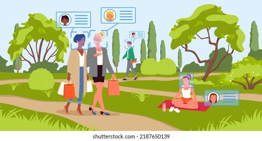 Face recognition for walking people in summer city park, surveillance technology vector illustration. Cartoon AI and security system recognize person, facial analysis with biometrics identification