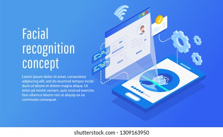 Face recognition, woman looks into the phone camera, biometric technology, identification