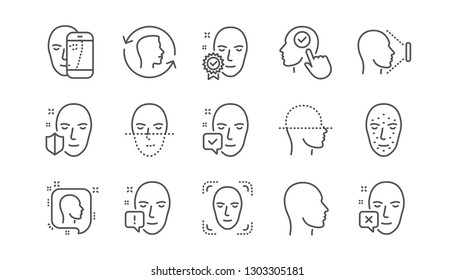 Face recognize line icons. Biometrics detection, Face id and scanning. Identification linear icon set.  Vector