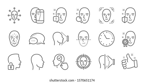 Face recognize line icons. Biometrics detection, Face id and scanning. Identification linear icon set. Quality line set. Vector
