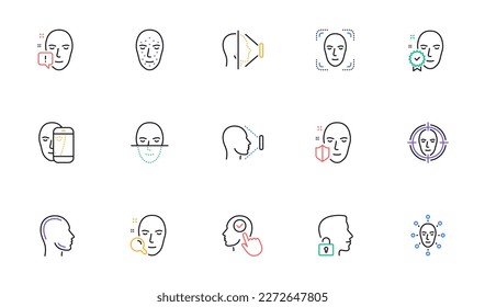 Face recognize line icons. Biometrics detection, Face id and scanning. Identification linear icon set. Bicolor outline web elements. Vector