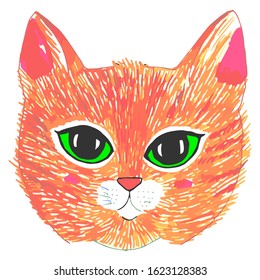 The face of a red cat with a mustache and green eyes.