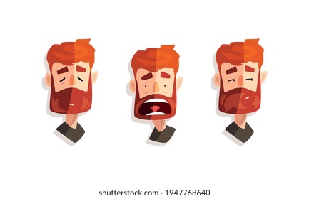 Face of Red Haired Man with Different Emotions Set, Portrait of Young Bearded Man Cartoon Vector Illustration
