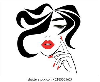 face, red lips, hand with red manicure nails. woman face	